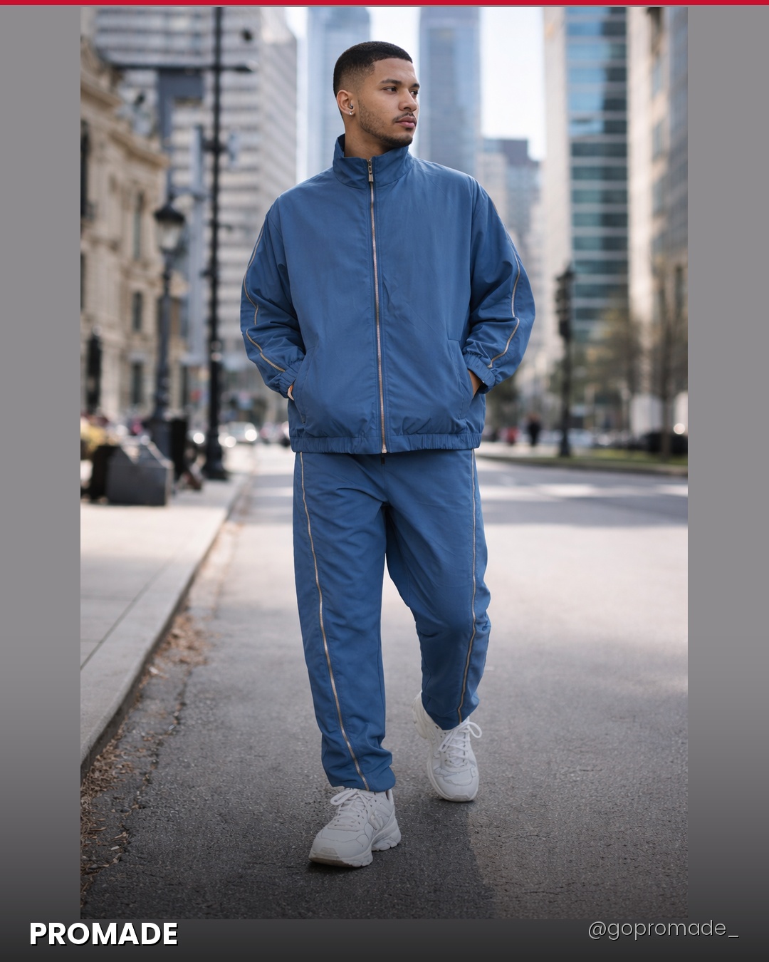 Blue zipper track suit