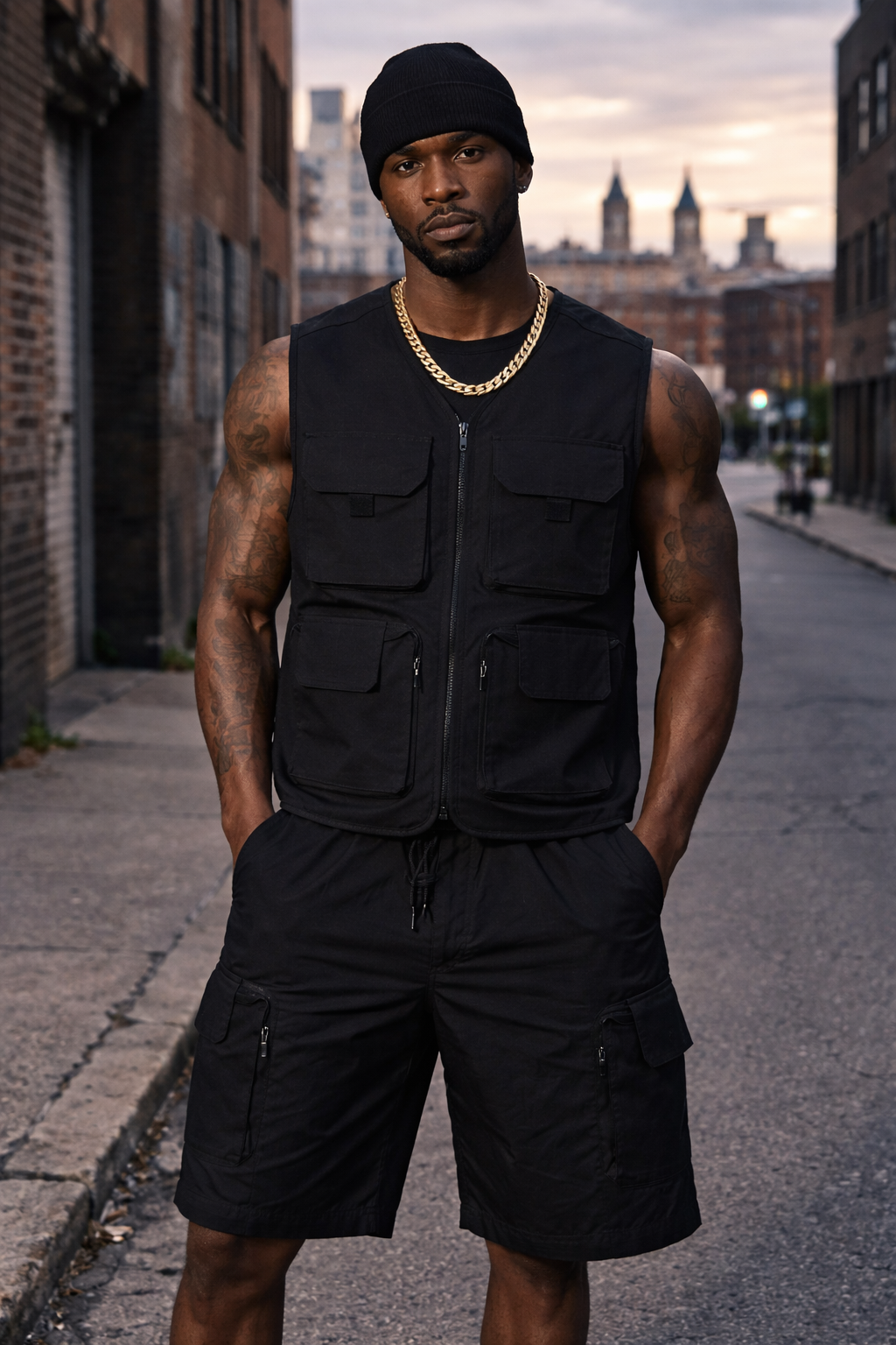 Black Cargo Pocket Poly Vest