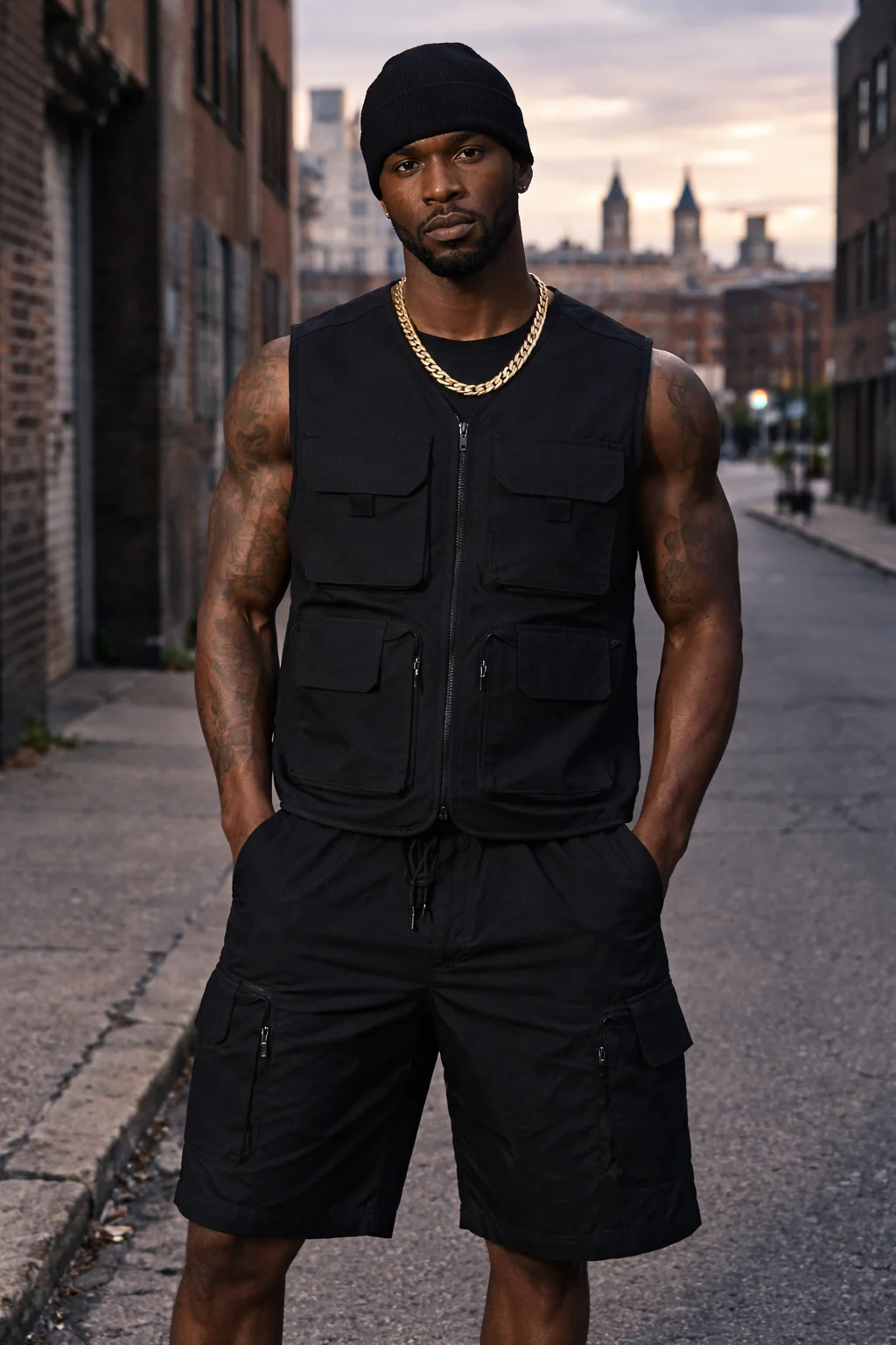 Black Cargo Pocket Poly Vest