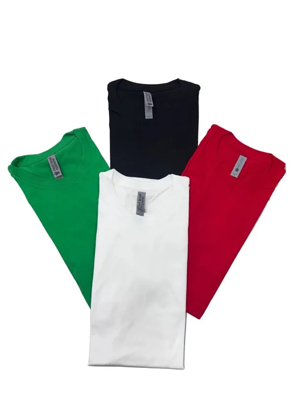 Colorful t-shirts in green, black, white, and red