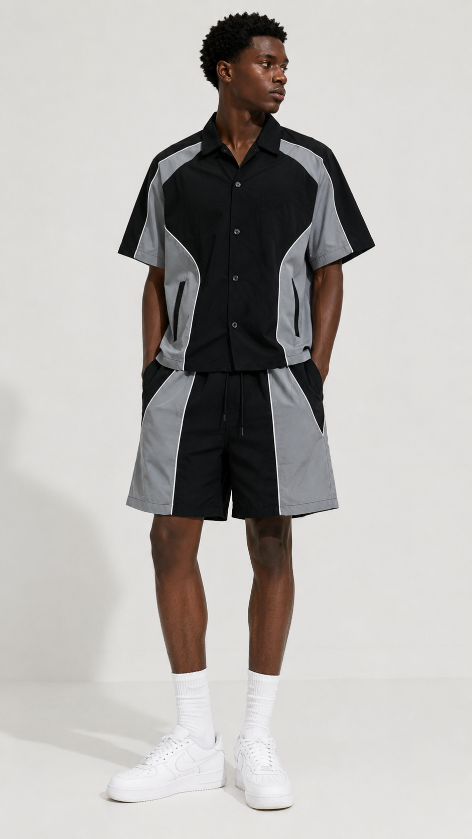 Black and Grey Color Block Nylon Crop Shirt and Shorts Set