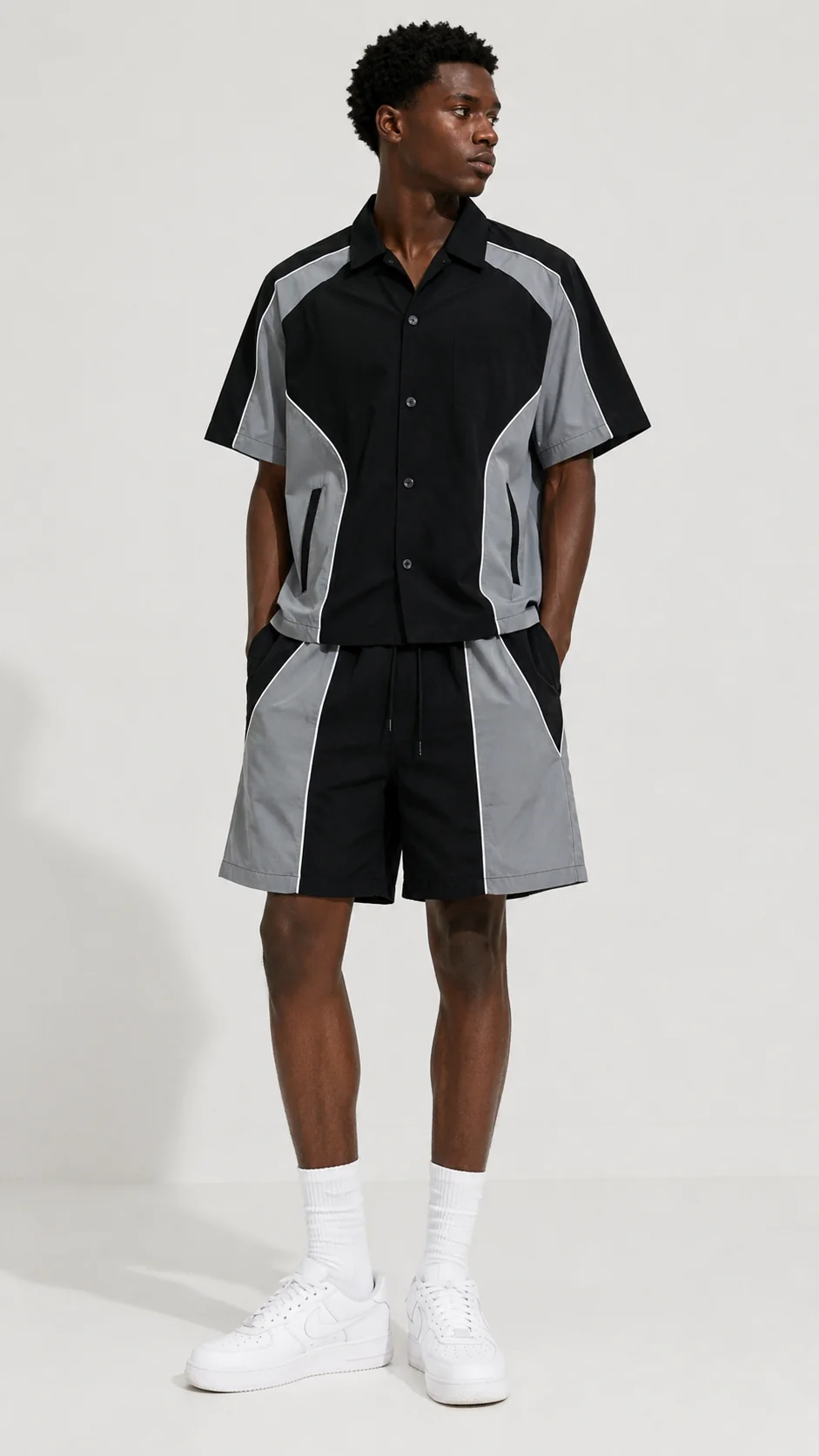 Black and Grey Color Block Nylon Crop Shirt and Shorts Set