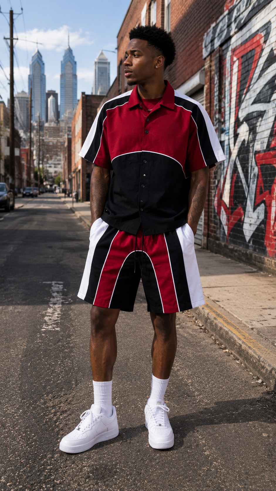 Red Color Block Nylon Crop Shirt and Shorts Set