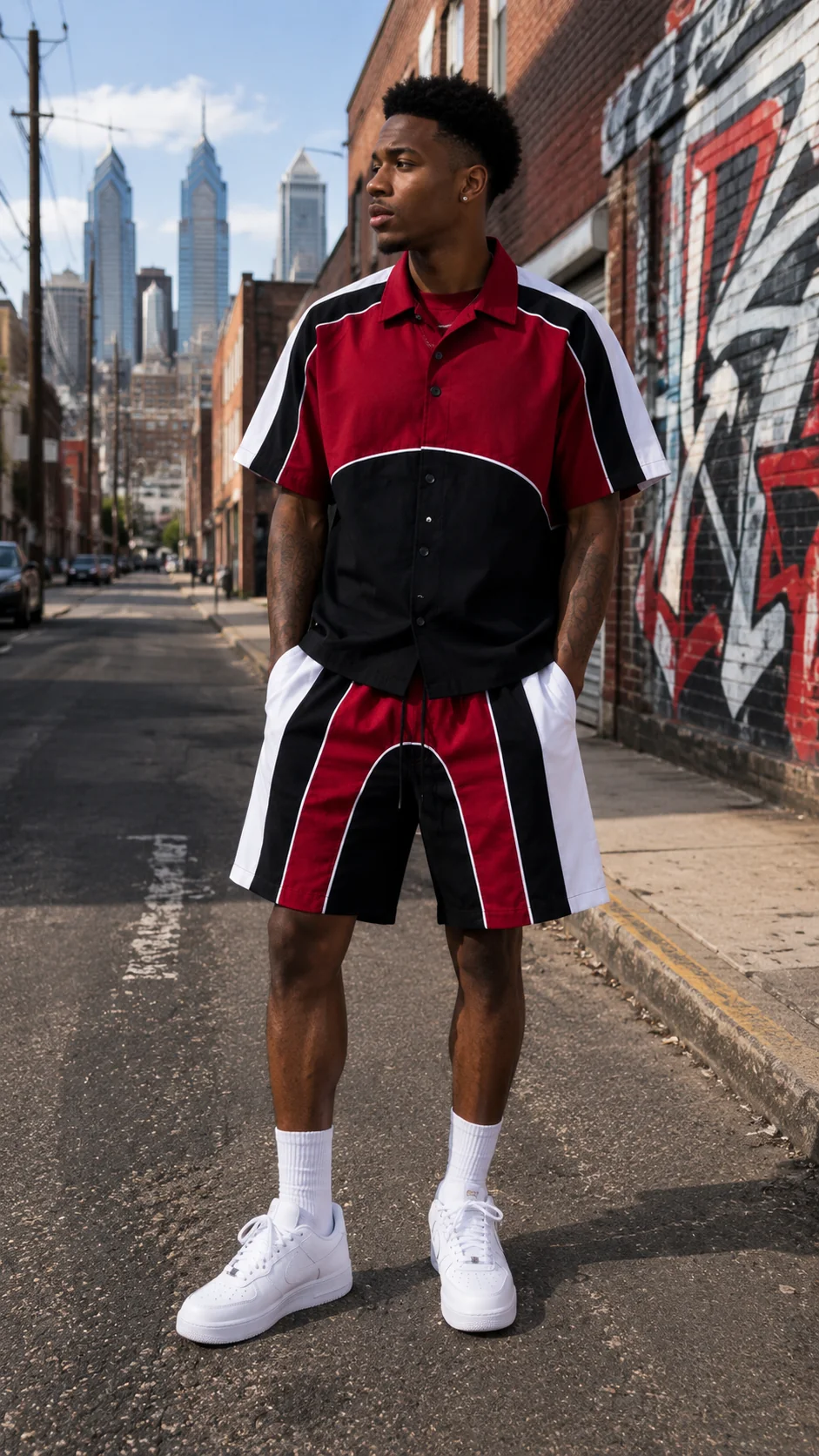 Red Color Block Nylon Crop Shirt and Shorts Set