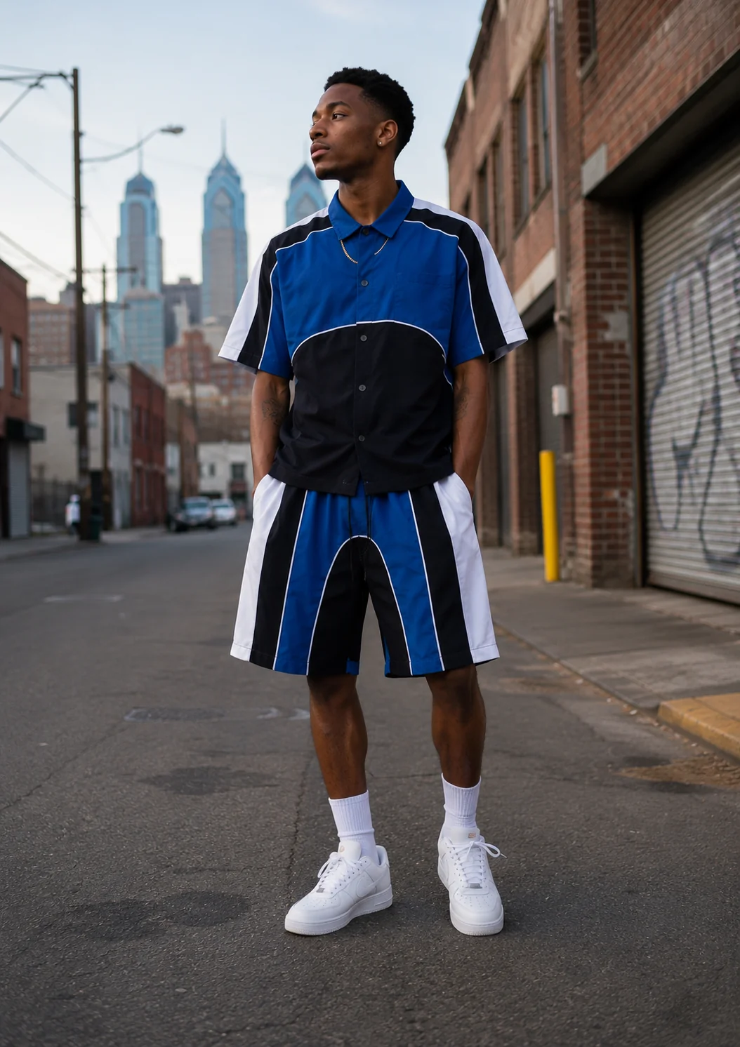 Royal Blue Color Block Nylon Crop Shirt and Shorts Set