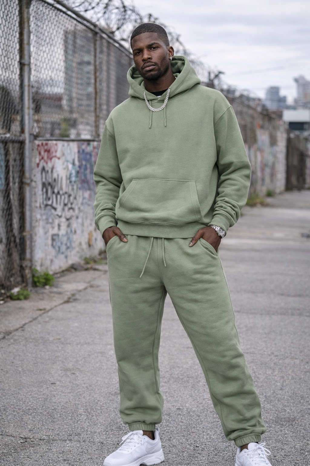 Olive fleece pullover set - model