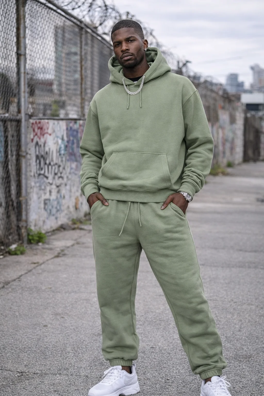 Olive fleece pullover set - model