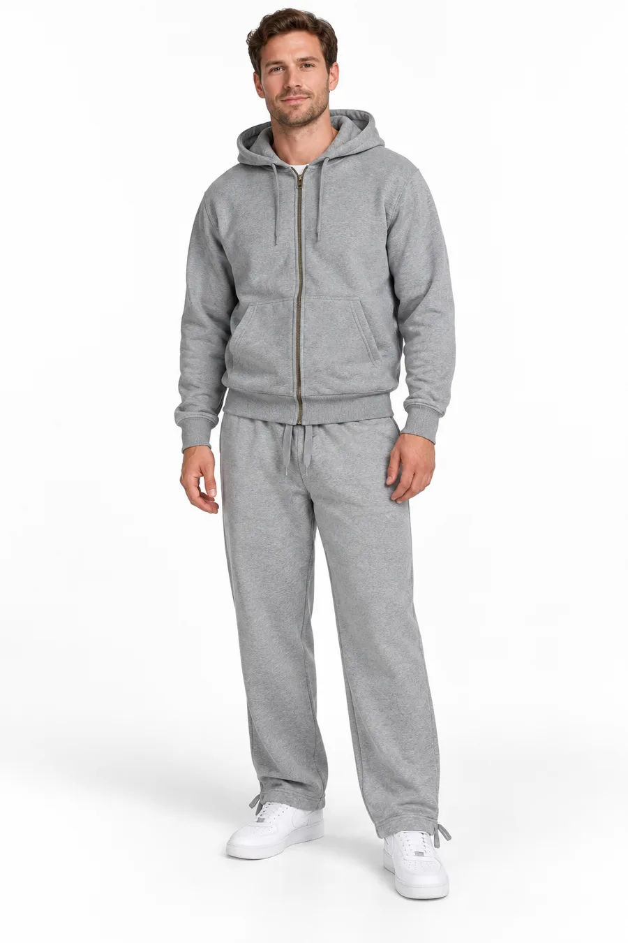 Heather gray heavy fleece zip hoodie and sweatpants set - model