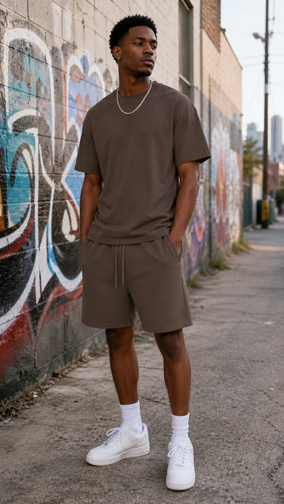 Mocha French Terry Drop Shoulder Tee & Zippered Shorts Set