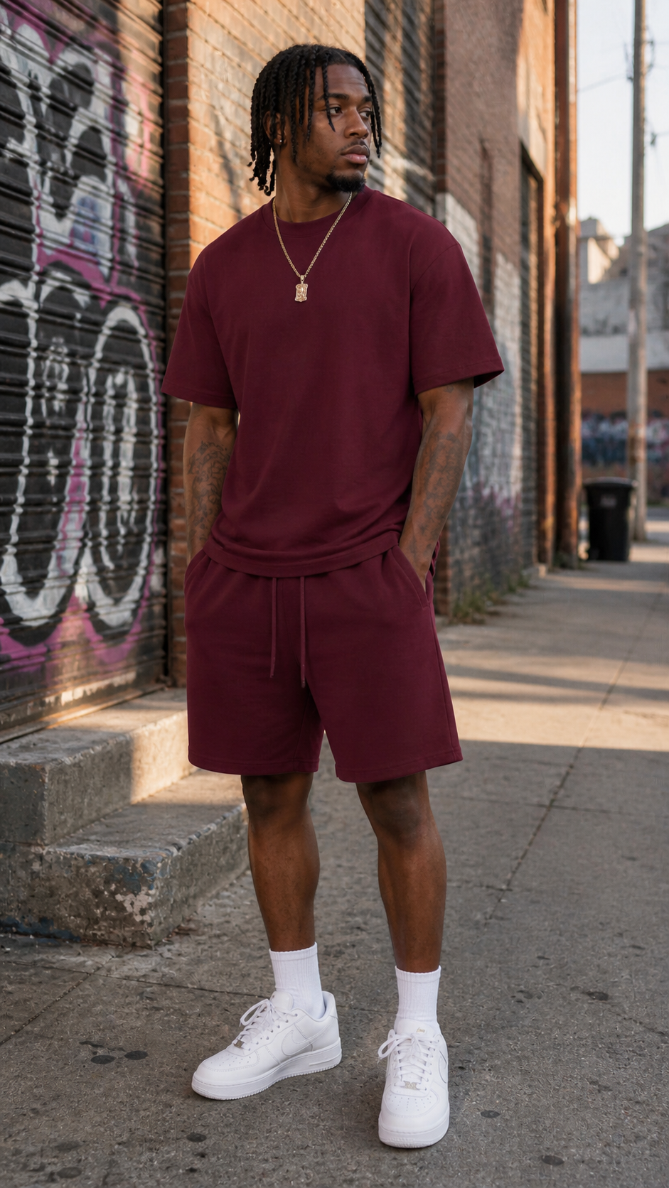 Red French Terry Drop Shoulder Tee & Zippered Shorts Set