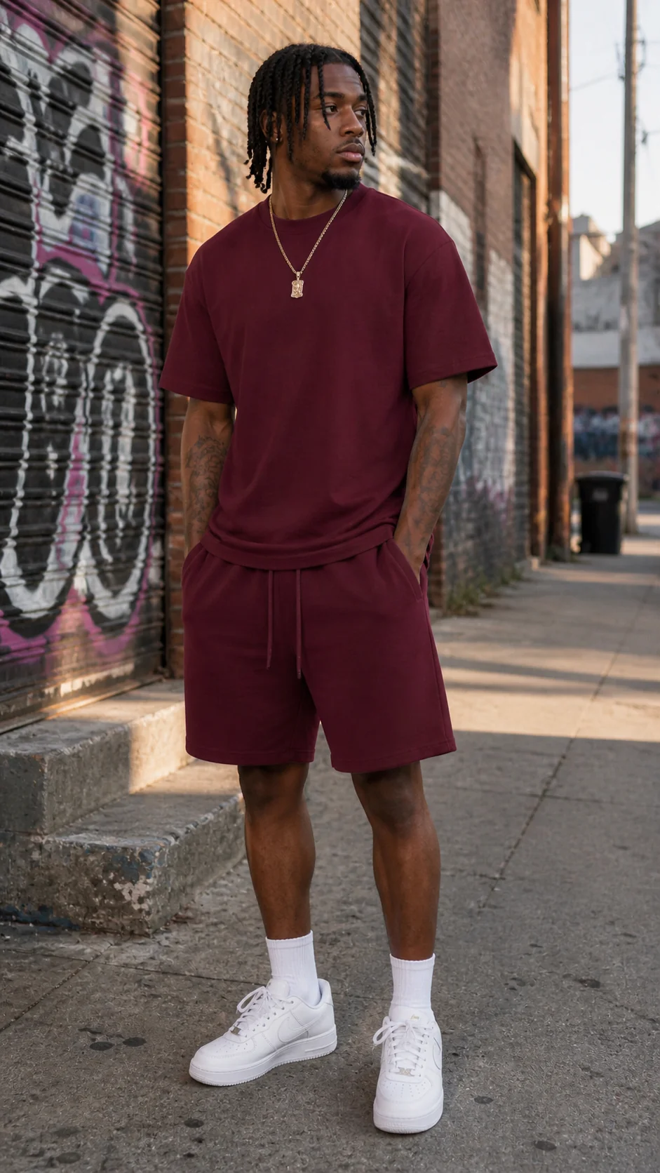 Red French Terry Drop Shoulder Tee & Zippered Shorts Set