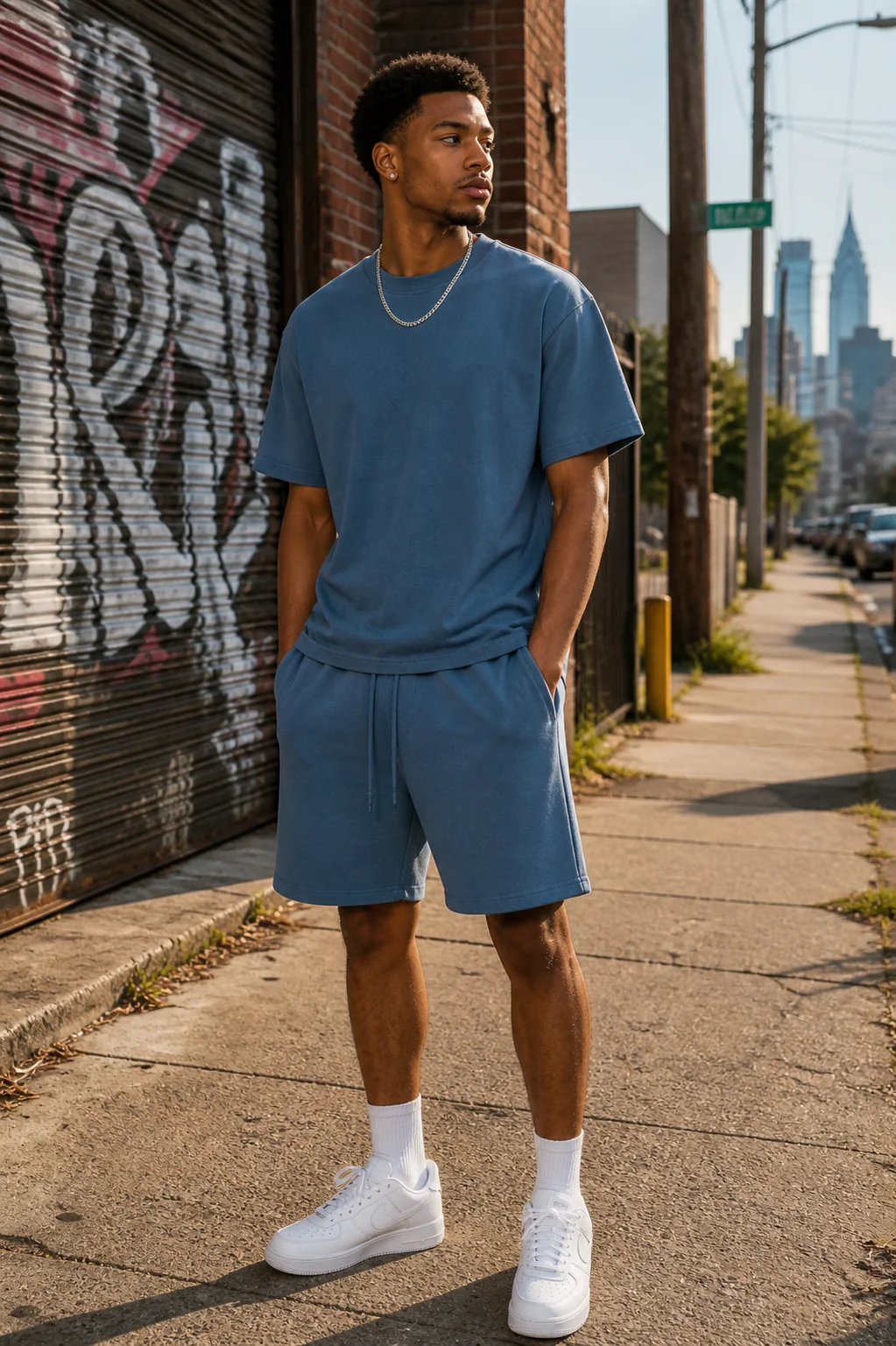 Smoky Blue French Terry Drop Shoulder Tee & Zippered Shorts Set