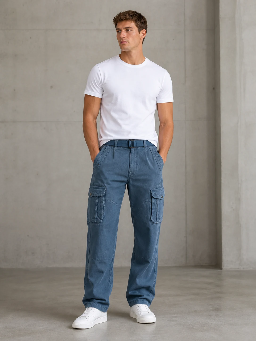 Blue Heavyweight Cargo Pants with belt
