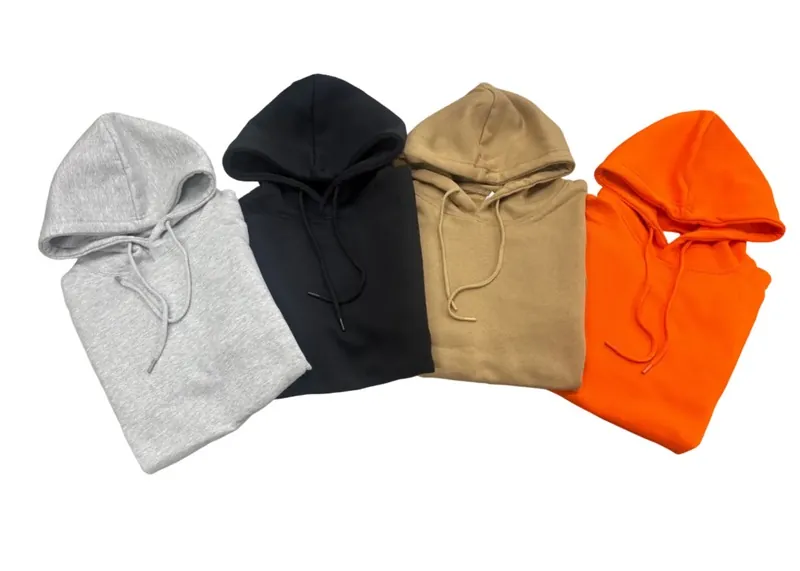 Hoodies in grey, black, tan, and orange