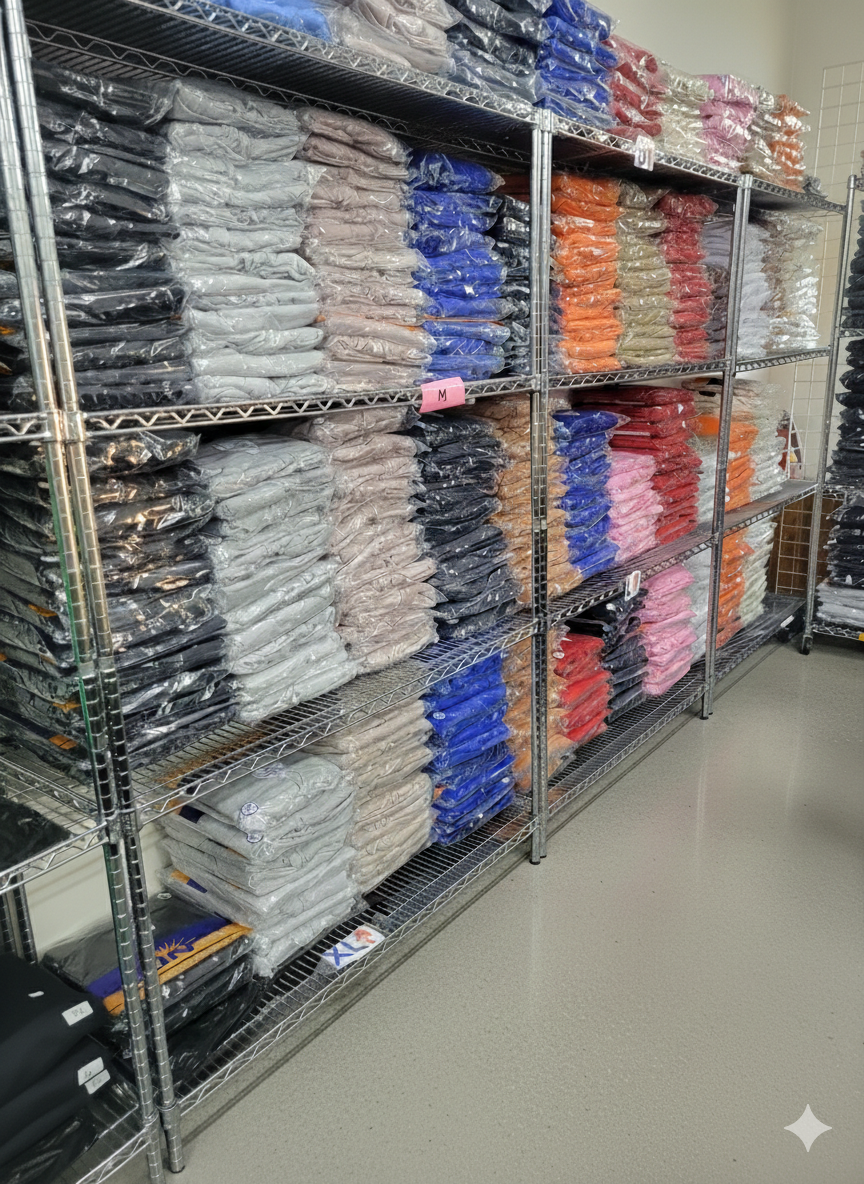 PROMADE store inventory shelves stocked with colorful apparel