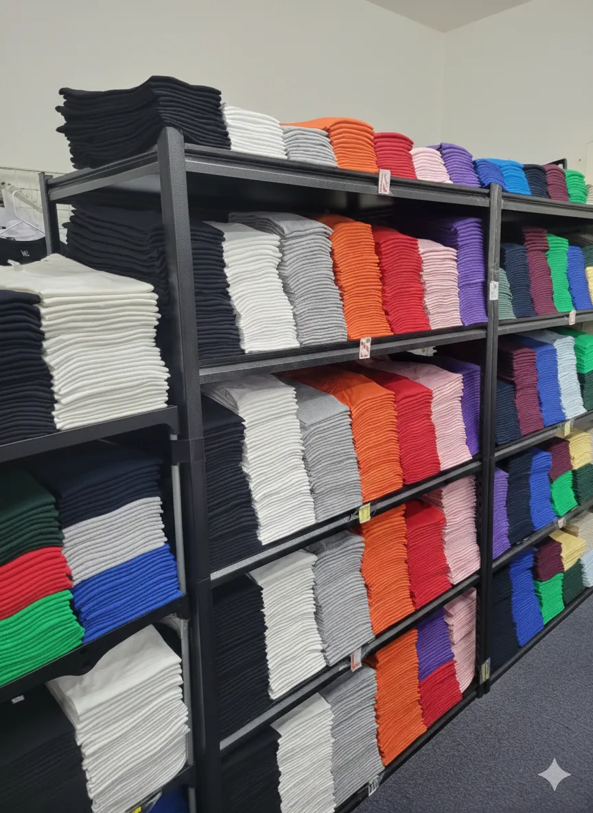 Shelves stocked with colorful t-shirts