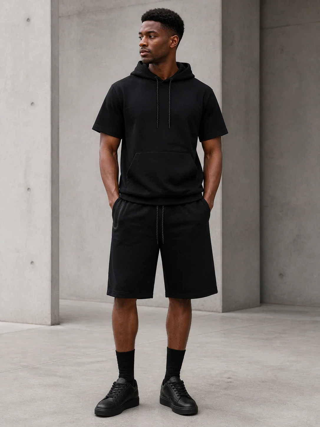Black Men&rsquo;s Hooded Short Sleeve Top & Shorts Set