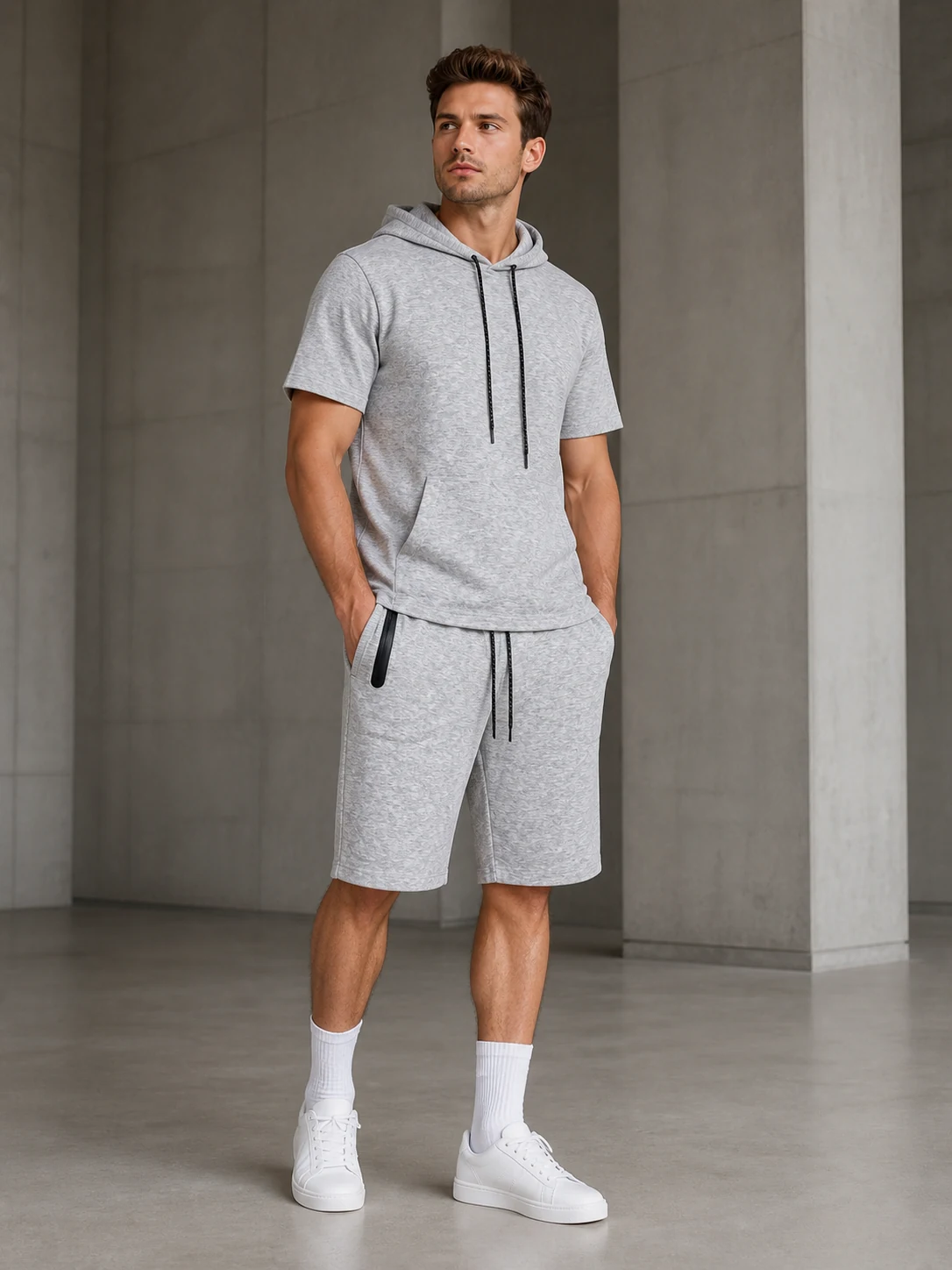 Gray Men&rsquo;s Hooded Short Sleeve Top & Shorts Set