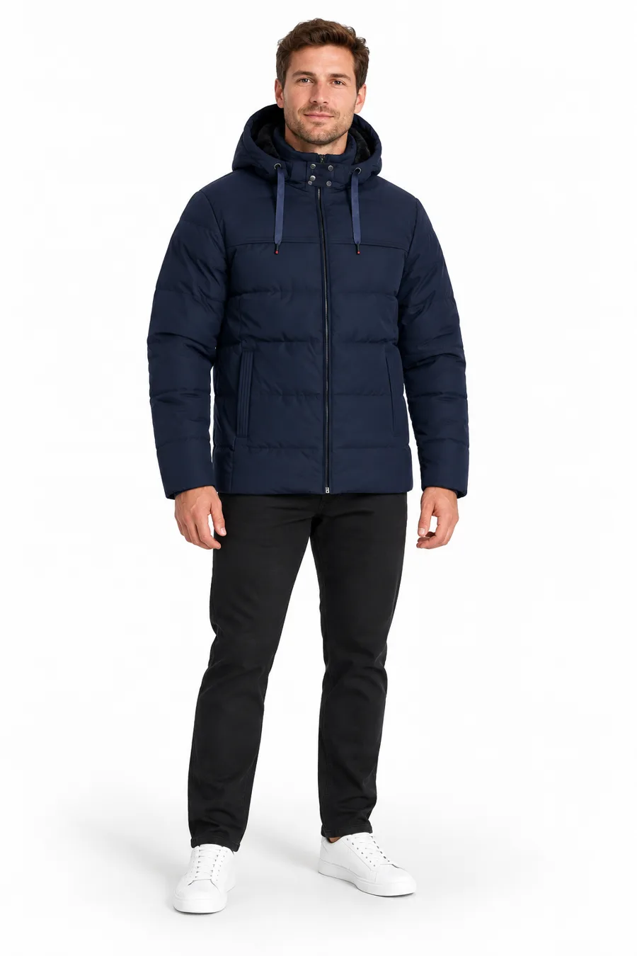 Navy puffer jacket - model