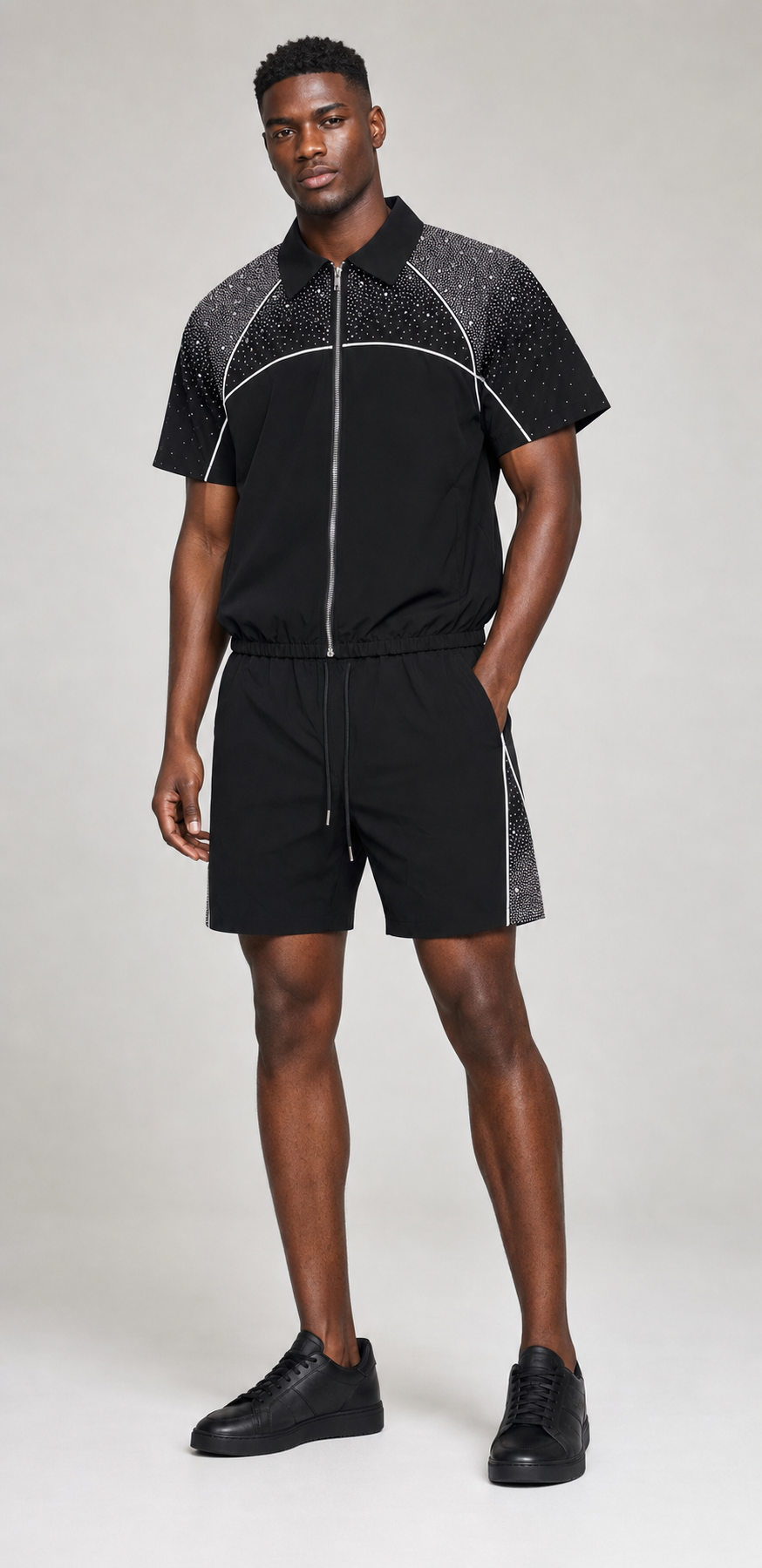 Black/Black Rhinestone Nylon Zip-Up Shirt & Shorts Set