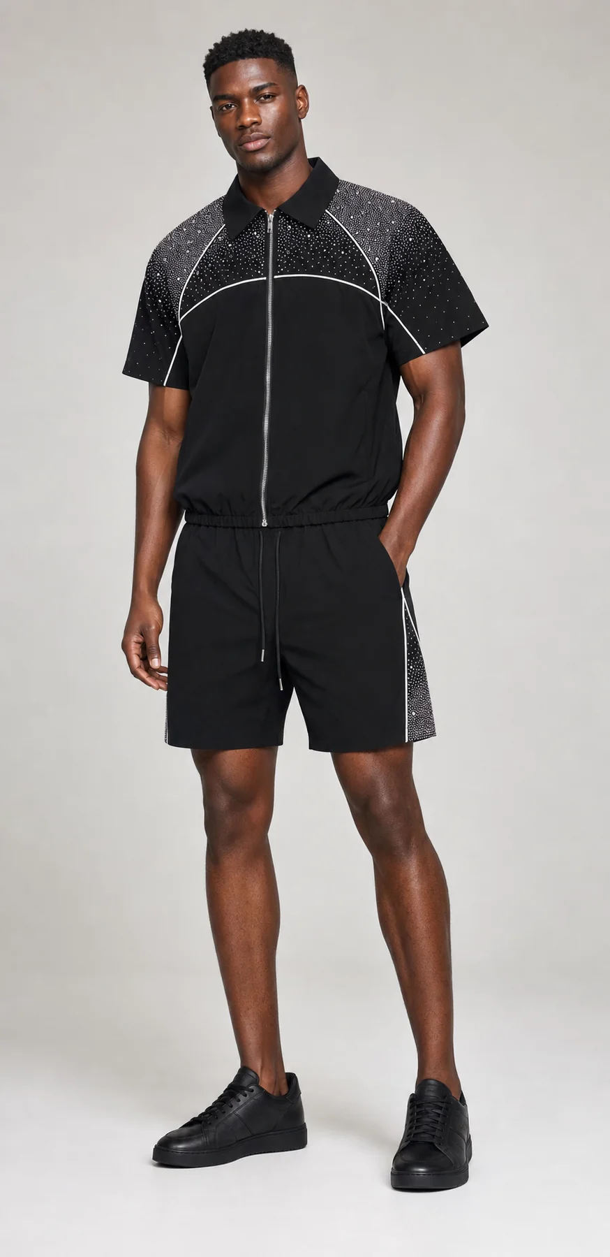 Black/Black Rhinestone Nylon Zip-Up Shirt & Shorts Set