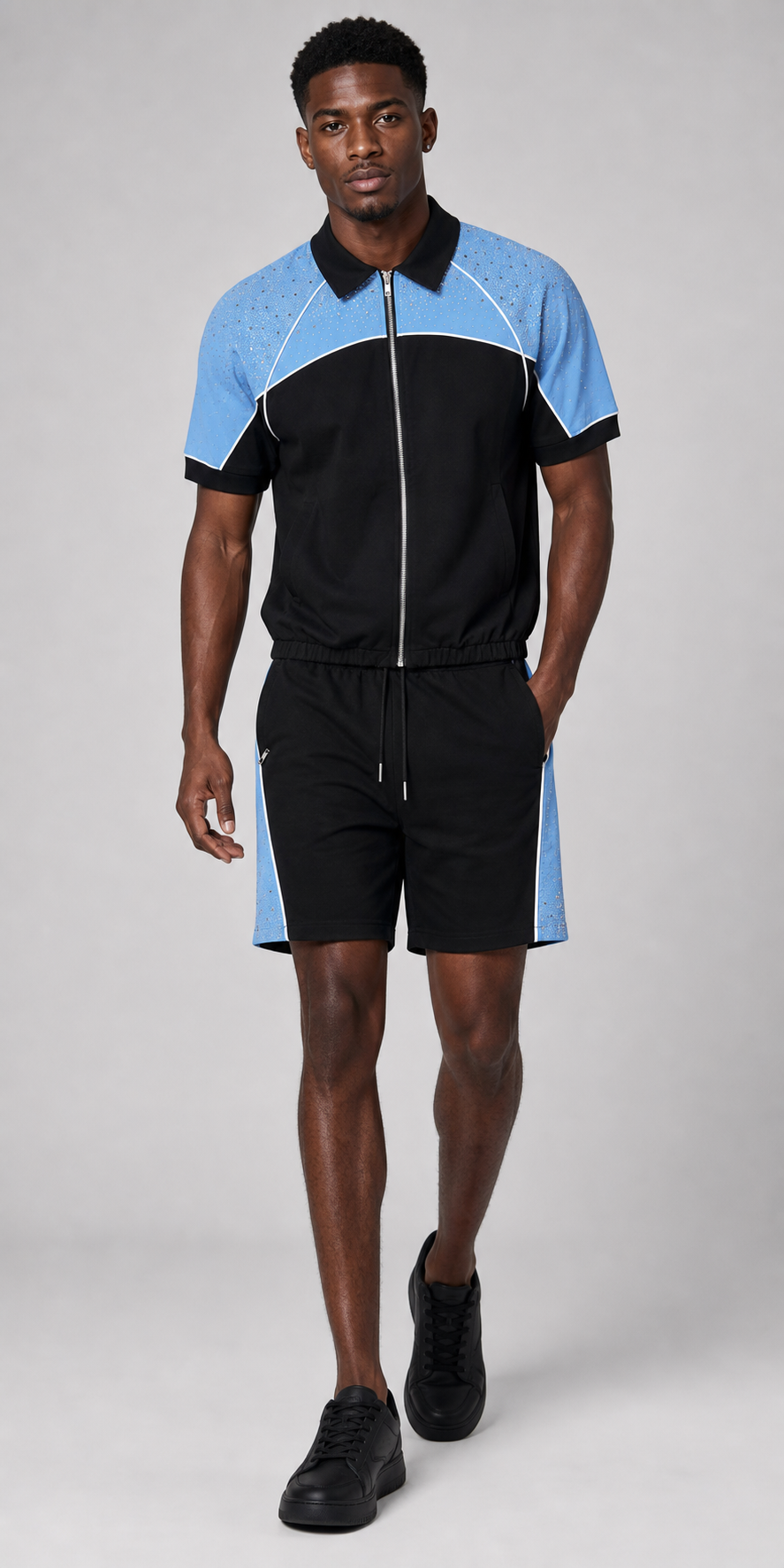 Black/Blue Rhinestone Nylon Zip-Up Shirt & Shorts Set