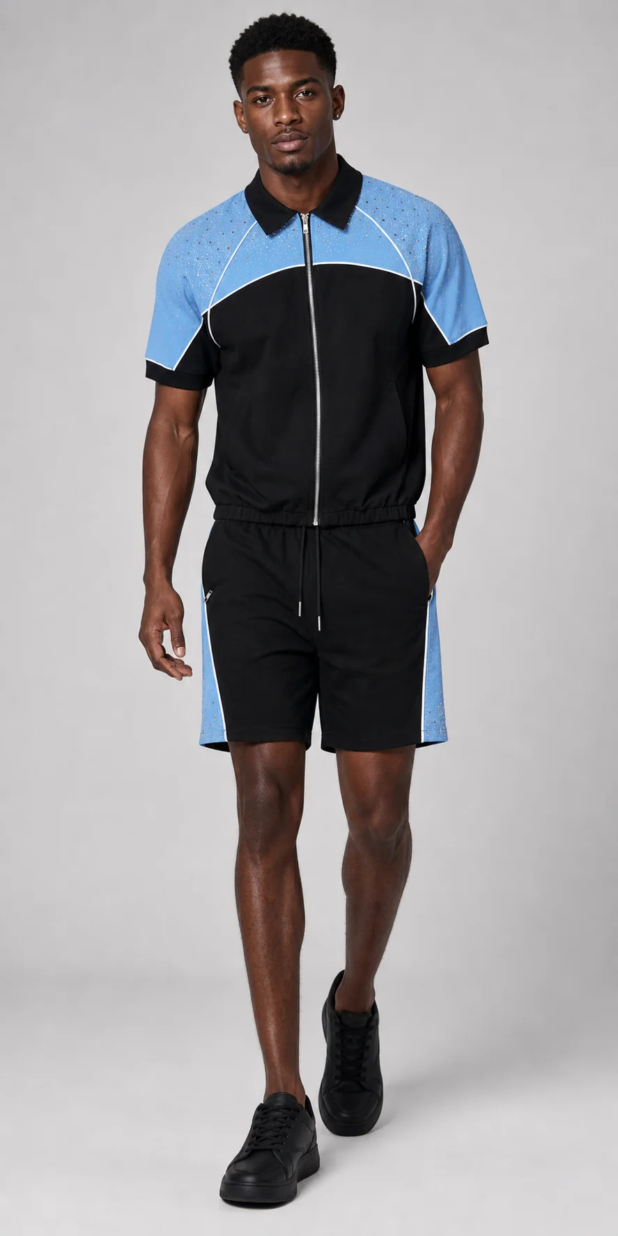 Black/Blue Rhinestone Nylon Zip-Up Shirt & Shorts Set