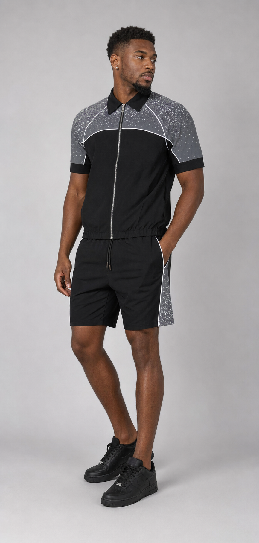 Black/Grey Rhinestone Nylon Zip-Up Shirt & Shorts Set