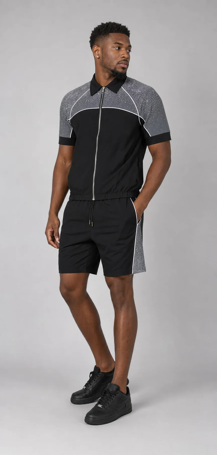 Black/Grey Rhinestone Nylon Zip-Up Shirt & Shorts Set