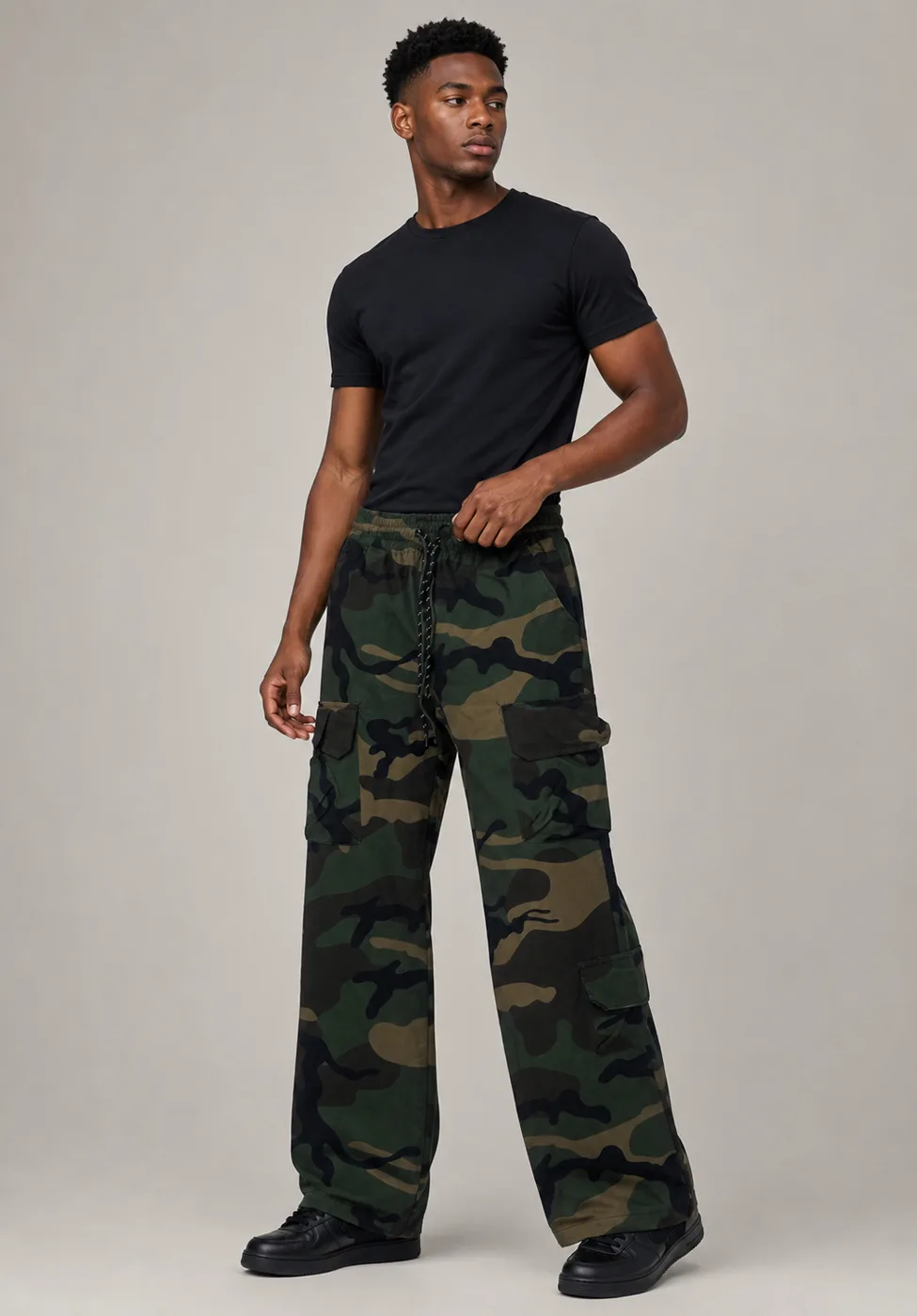 Woodland Camo Ripstop Nylon Flared Cargo Pants