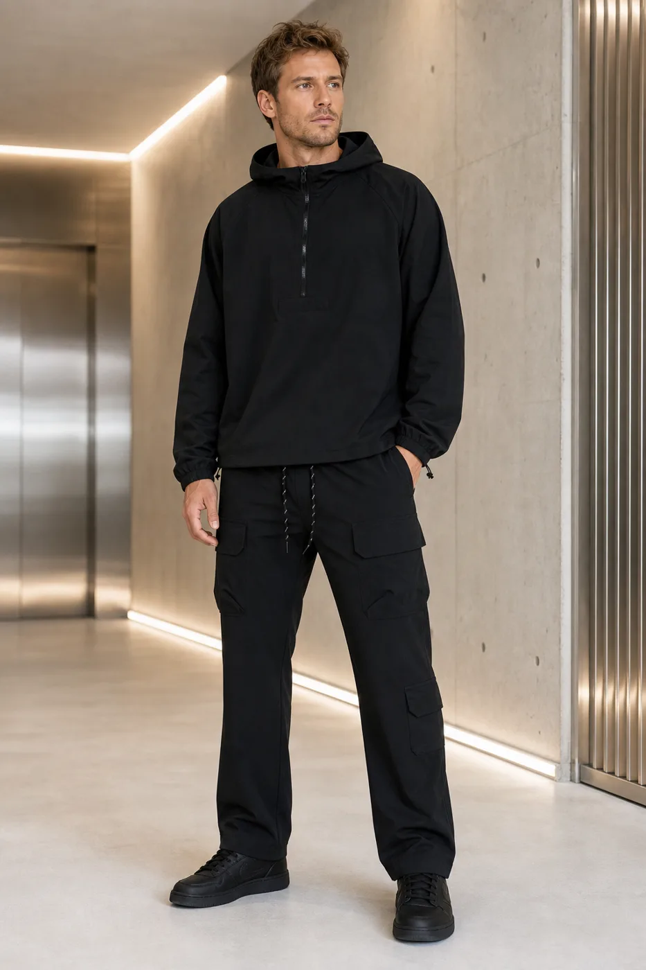 Black Ripstop Nylon Flared Cargo Pants & Hooded Top Set