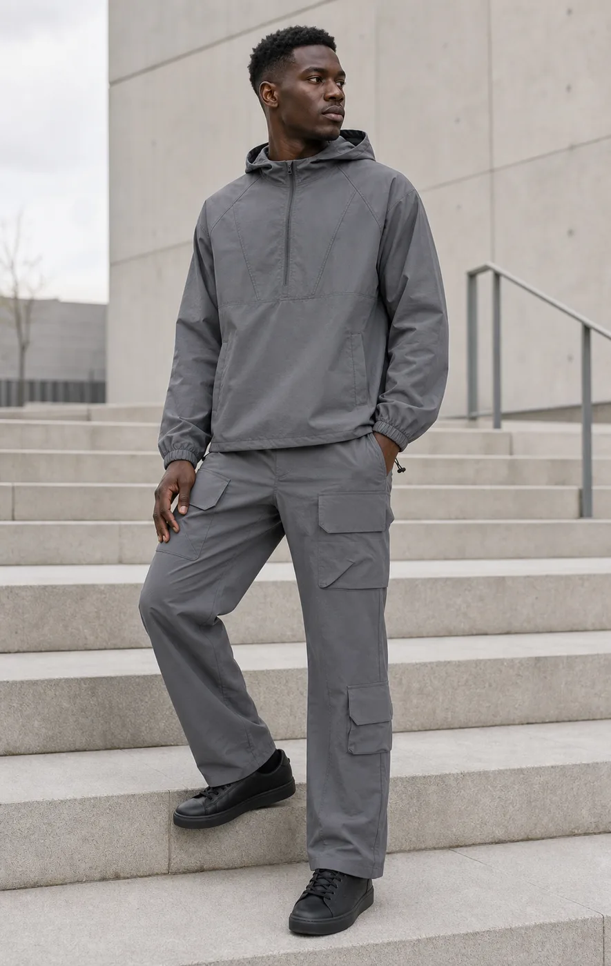 Grey Ripstop Nylon Flared Cargo Pants & Hooded Top Set