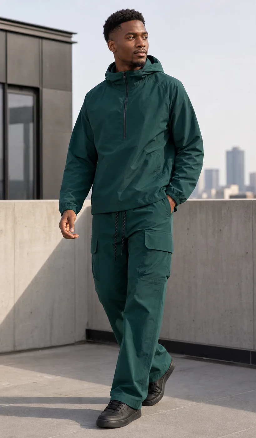Hunter Green Ripstop Nylon Flared Cargo Pants & Hooded Top Set