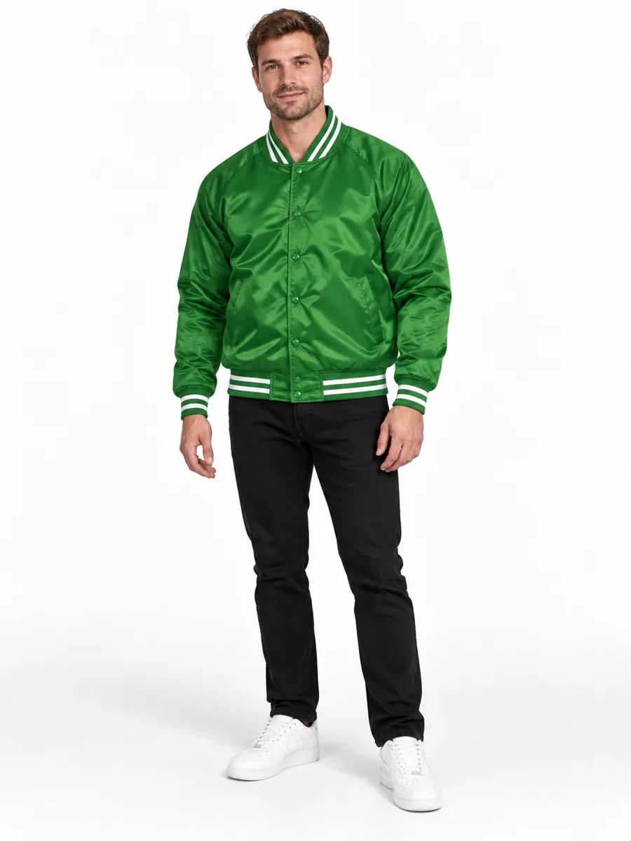 Green satin bomber jacket - model