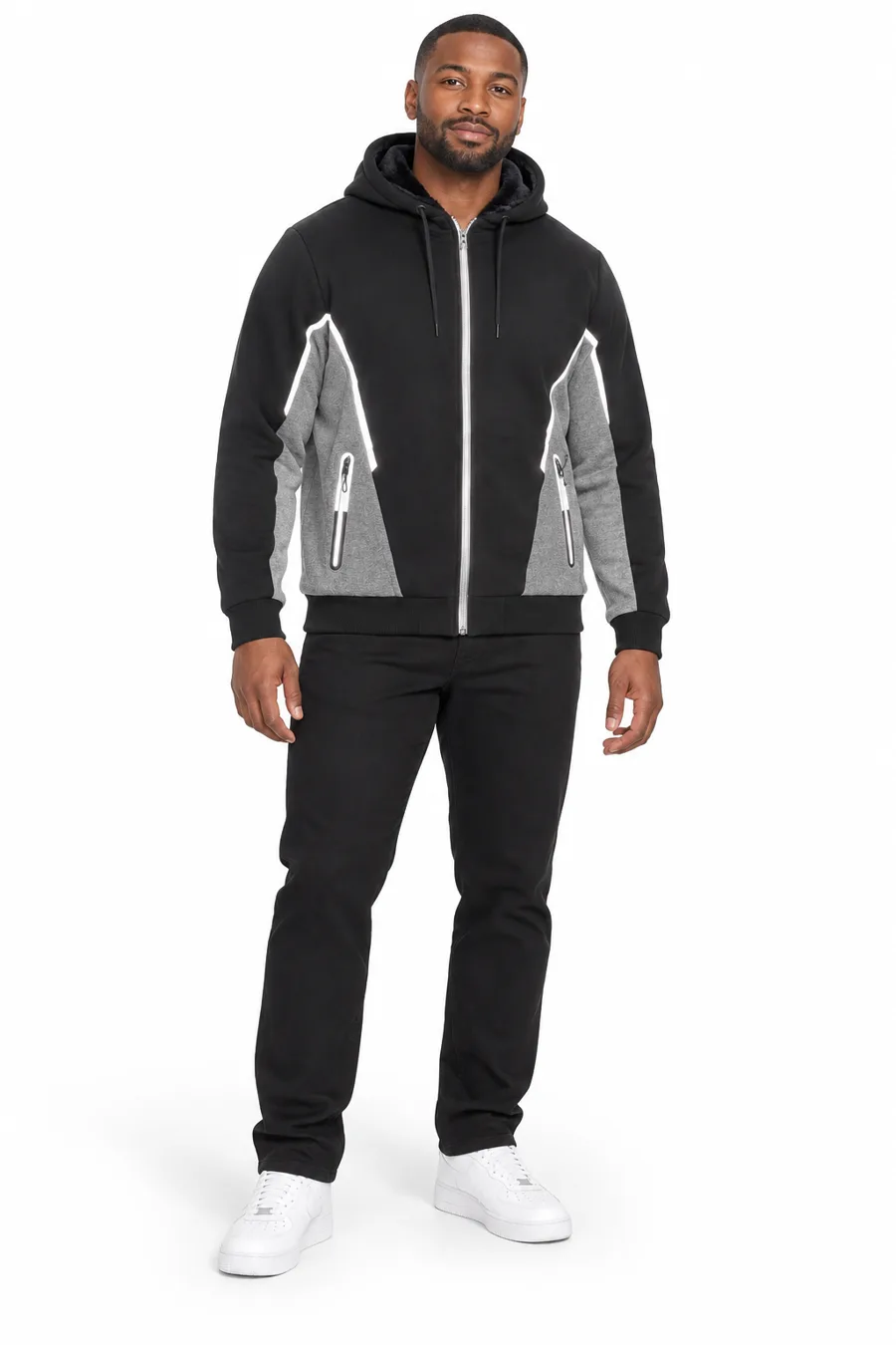 Black and gray sherpa-lined zip hoodie - model
