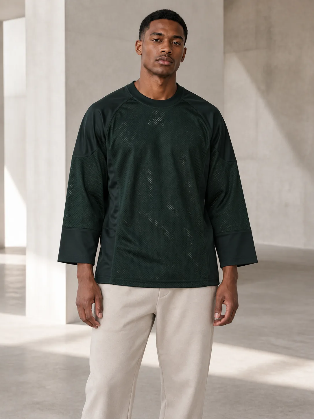 Forest Green Solid Mesh Long Sleeve Oversized Jersey