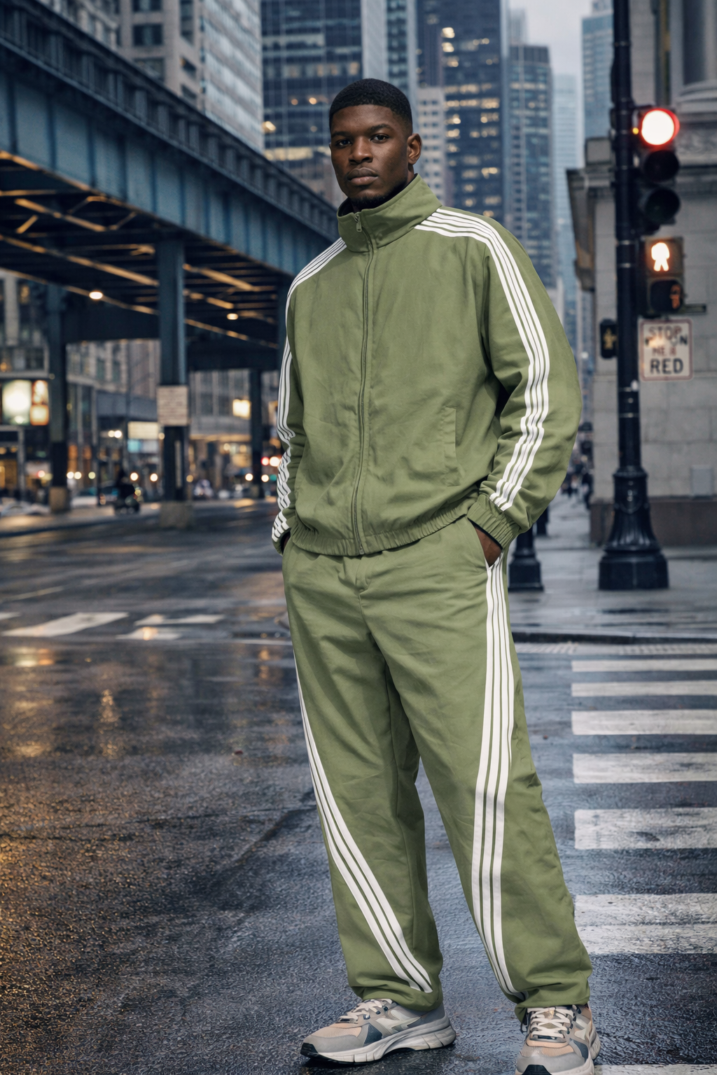 Olive stripe track suit