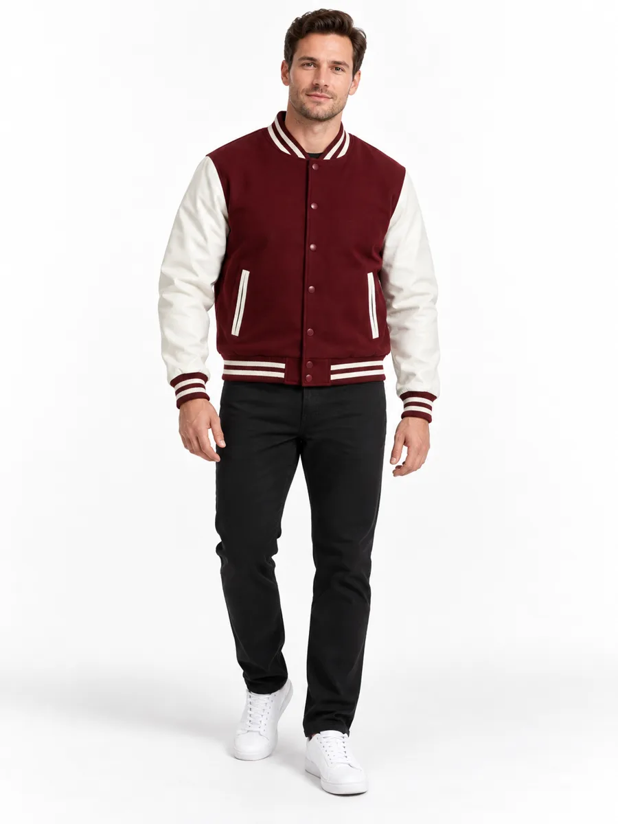 Burgundy and white varsity jacket - model