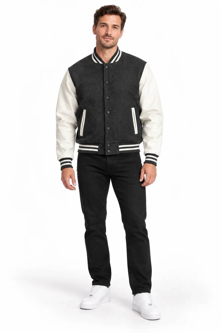 Charcoal and white varsity jacket - model