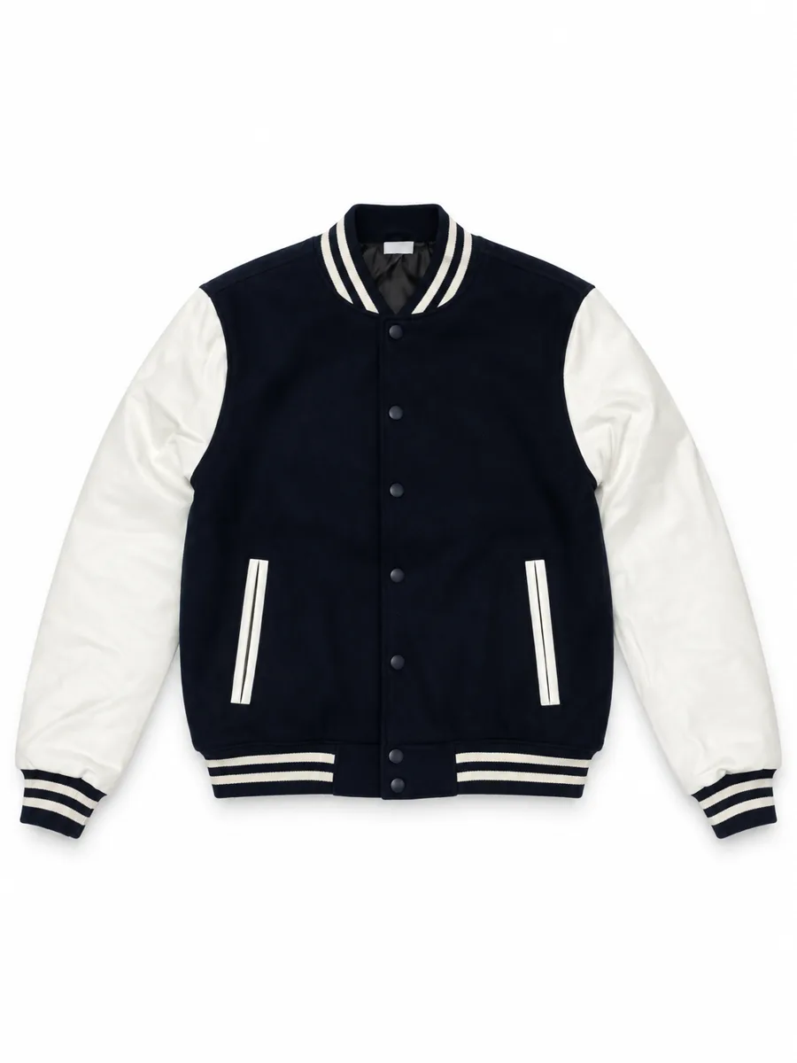 Navy and white varsity jacket - model