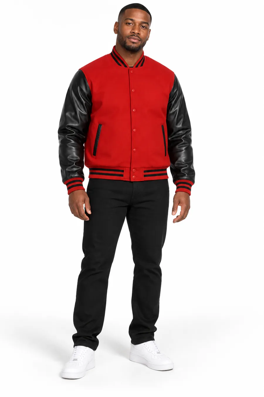Red and black varsity jacket - model