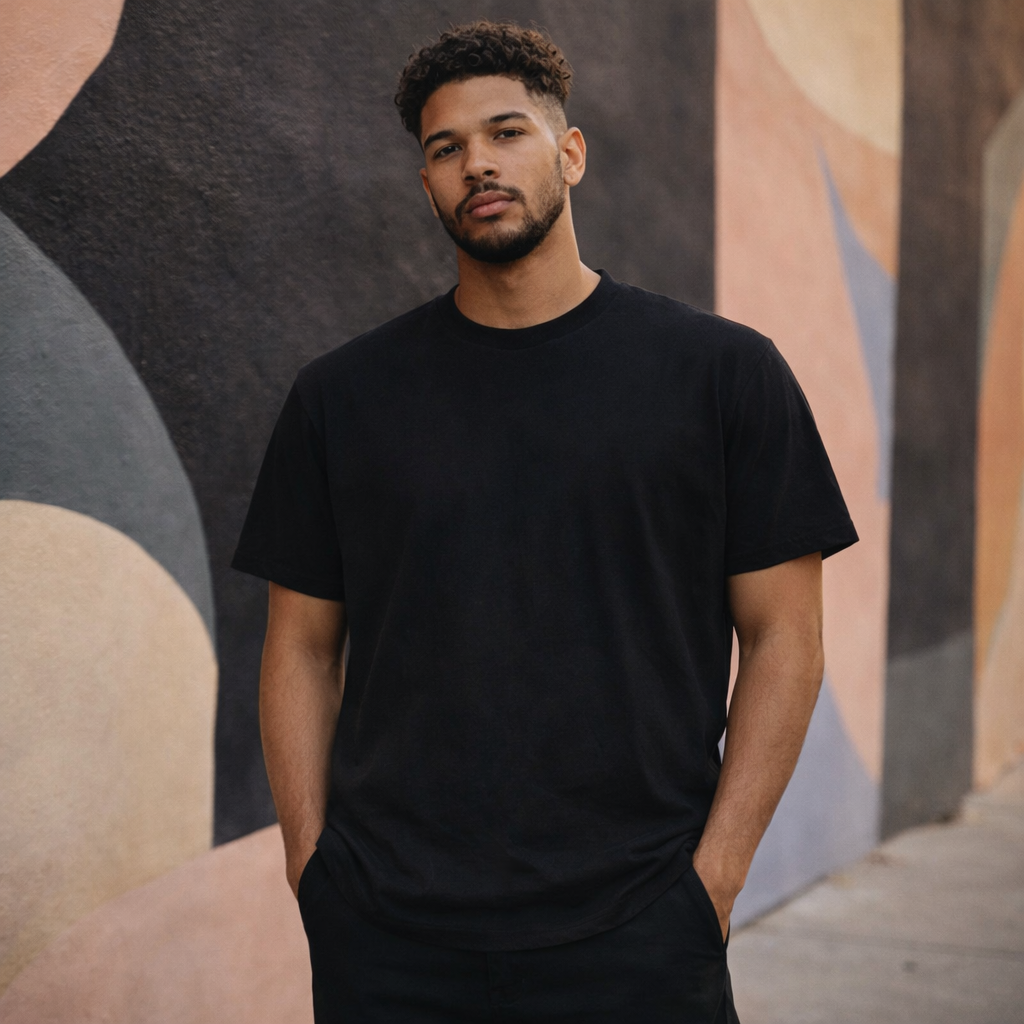 Black Solid Drop Shoulder Tee