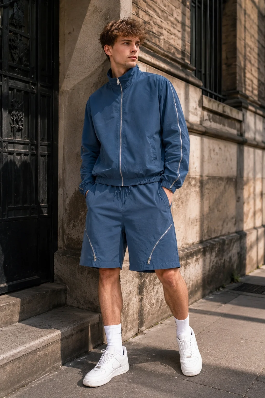 Ash Blue Zipper Windbreaker Jacket and Shorts Set