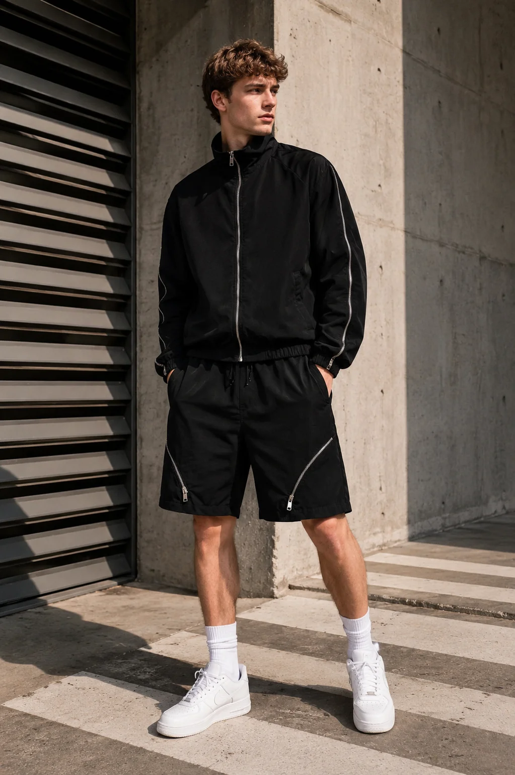 Black Zipper Windbreaker Jacket and Shorts Set