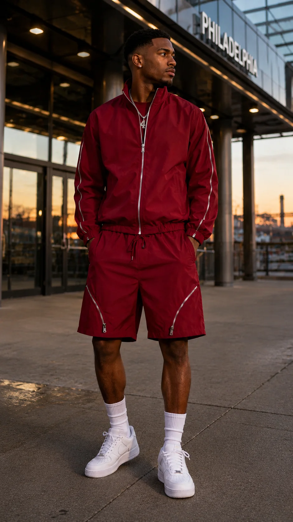 Red Zipper Windbreaker Jacket and Shorts Set